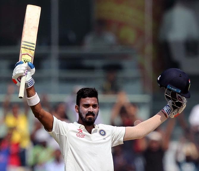 KL Rahul celebrates his 199 against England during the Chennai Test in December 2016